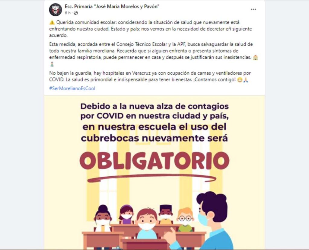 Escuelas de Veracruz vuelven a implementar el uso del cubrebocas